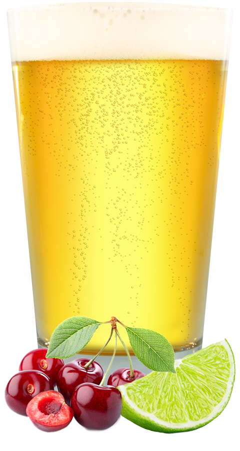 glass of a light lager with cherry and lime