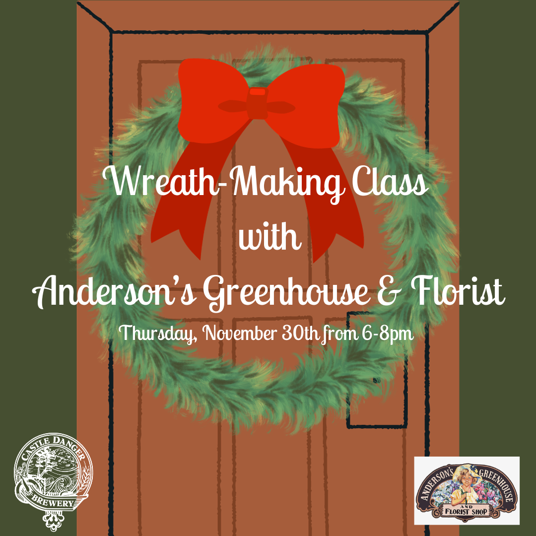 Wreath on a door inviting people to attend the wreath-making class on November 30th, 2023